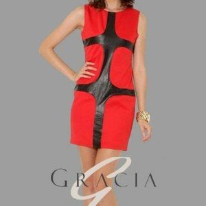 Faux Leather Bandage Dress Sleeveless Red Black Women L, Gracia